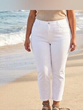 Slimming 20W Cropped Boho Frayed Hem White Stretch Denim Ankle Relaxed Jeans New